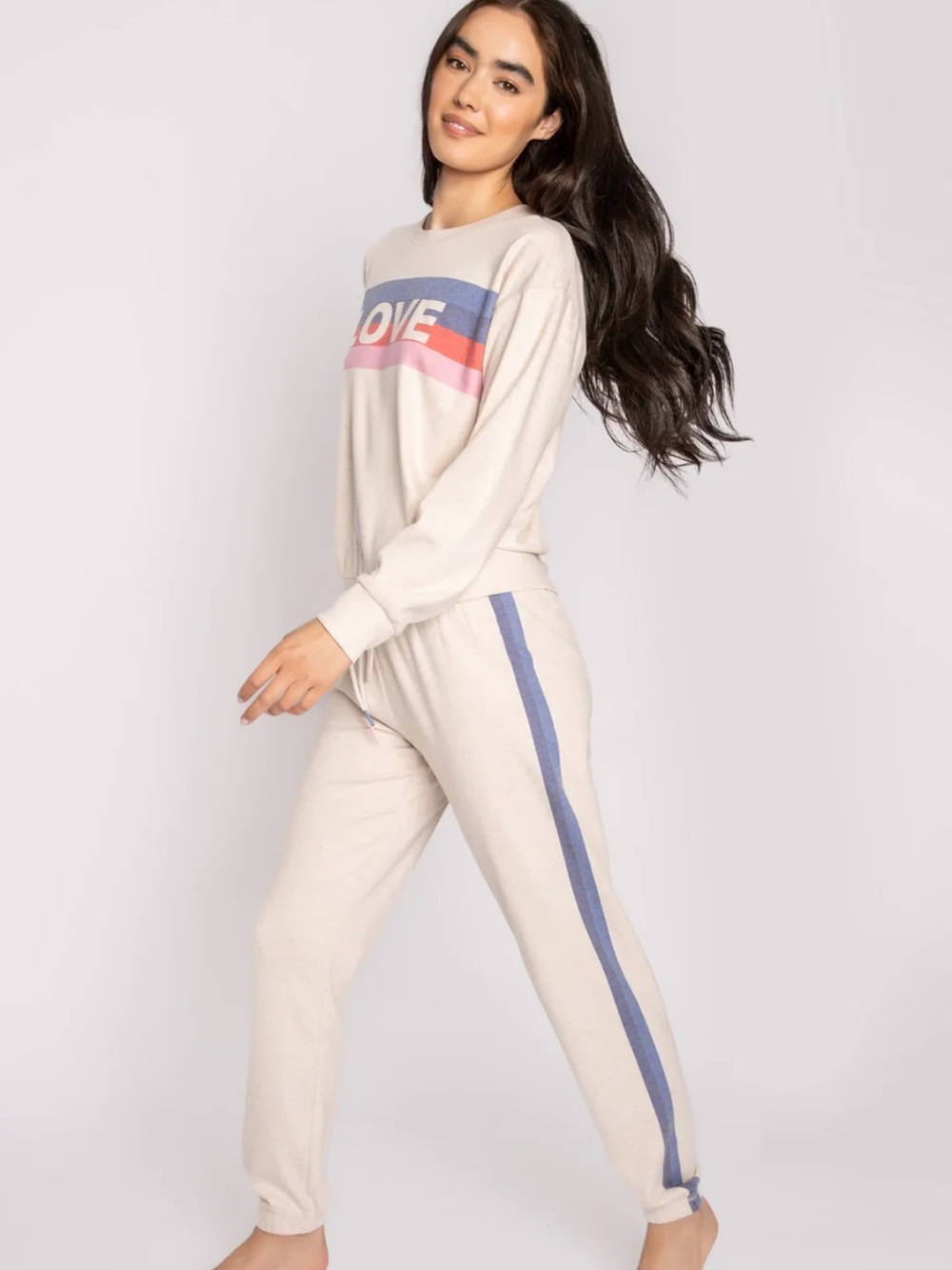PJ Salvage Oatmeal 'LOVE' Jogger Pants with Blue & Pink Stripes